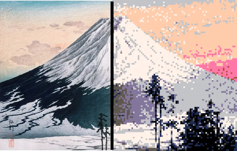 Pixel art conversion example showing before and after transformation